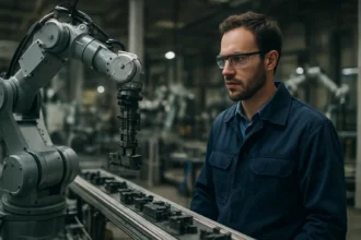 Pracovník sledujúci pokročilého robota v priemyselnom prostredí.