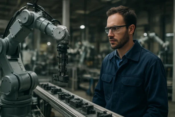 Pracovník sledujúci pokročilého robota v priemyselnom prostredí.