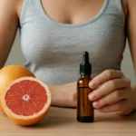 Žena drží fľašu grapefruitových kvapiek s grapefruity na stole.