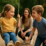 Deti sa usmievajú a hrajú sa na hojdačke v parku.