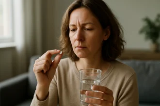 Žena sa zamyslene pozerá na liek pred užitím