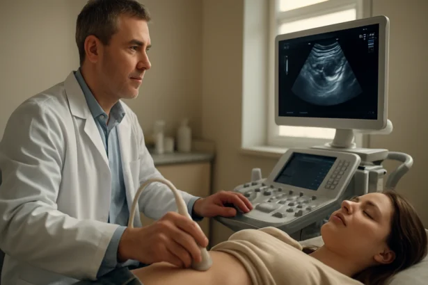 Lekár vykonáva ultrazvukovú diagnostiku na pacientke.