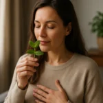 Žena užívajúca si vôňu mäty piepornej na obnovenie hormonálnej rovnováhy