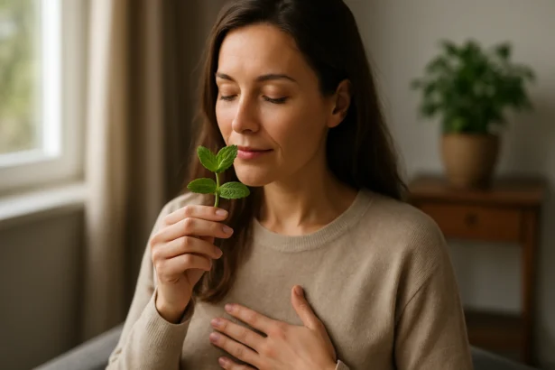 Žena užívajúca si vôňu mäty piepornej na obnovenie hormonálnej rovnováhy