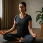 Žena sedí v lotosovom sede, praktizuje meditáciu a dosahuje vnútorný pokoj.