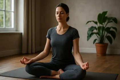 Žena sedí v lotosovom sede, praktizuje meditáciu a dosahuje vnútorný pokoj.