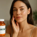 Žena s peknou pleťou a fľaša L-karnitínu na stole.