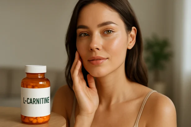 Žena s peknou pleťou a fľaša L-karnitínu na stole.