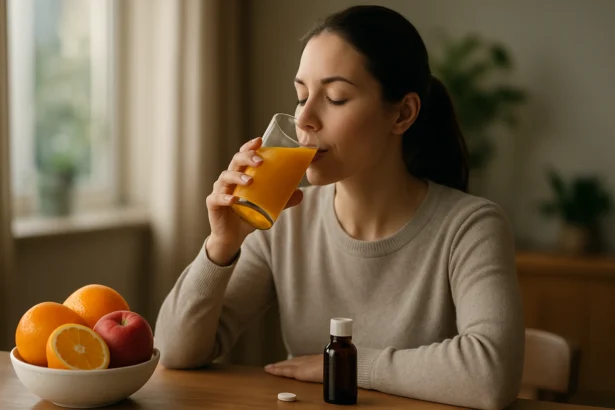 Žena pije smoothie na posilnenie imunity z ovocia