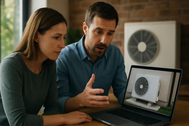 Pár sleduje video o tepelnom čerpadle a jeho inštalácii.