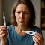 Žena porovnáva starý teplomer s novým elektrickým teplomerom.