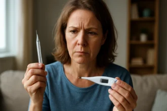 Žena porovnáva starý teplomer s novým elektrickým teplomerom.