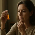 Žena skúmajúca fľaštičku s oranžovou tekutinou, symbolizujúca žlč a jej význam v zdraví.