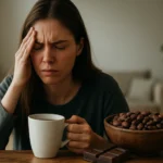 Žena s bolesťou hlavy sedí pri stole s čokoládou a kávou.