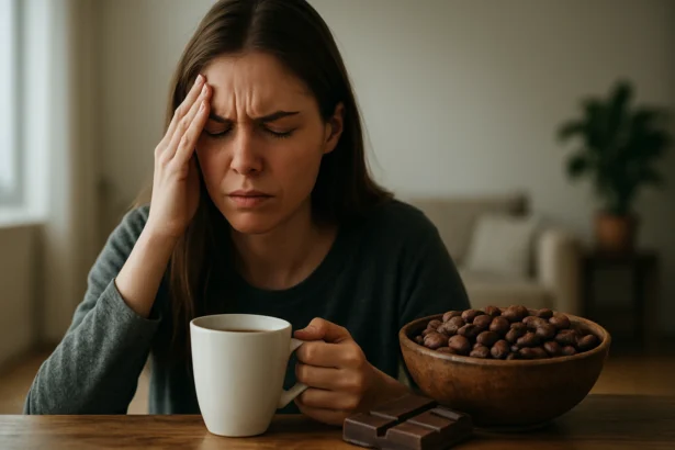 Žena s bolesťou hlavy sedí pri stole s čokoládou a kávou.