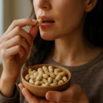 Žena si vychutnáva kešu oriešky z misky, zdravý snack.