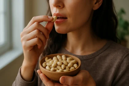 Žena si vychutnáva kešu oriešky z misky, zdravý snack.