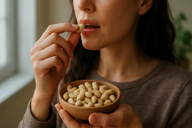 Žena si vychutnáva kešu oriešky z misky, zdravý snack.