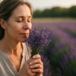 Žena s levanduľou v rozkvitnutom poli, upokojujúca atmosféra.