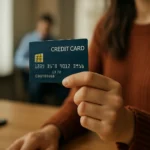 Žena drži embosovanú platobnú kartu v ruke s pozadím.