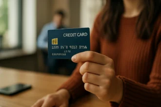 Žena drži embosovanú platobnú kartu v ruke s pozadím.