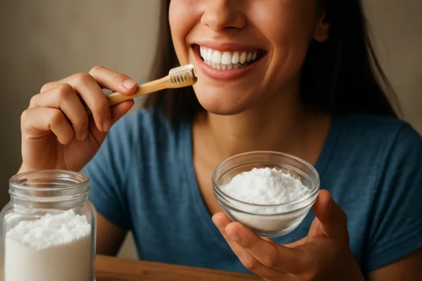 Žena s úsmevom a sódou bikarbónou pri bielení zubov.