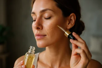 Žena aplikuje pleťový krém so zlatými čiastočkami na pleť.