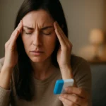 Žena s bolesťami hlavy a liekom v ruke