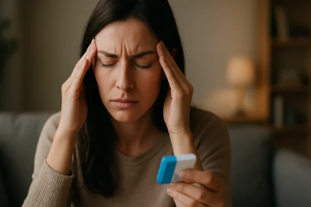 Žena s bolesťami hlavy a liekom v ruke