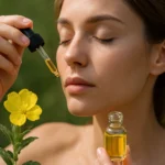 Žena používajúca pupalkový olej na pleť s kvetom pupalky v pozadí.