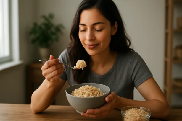 Žena si vychutnáva basmati ryžu v moderne zariadenej kuchyni.