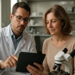 Doktor a pacientka diskutujúci o revolučných metódach zdravotnej starostlivosti.