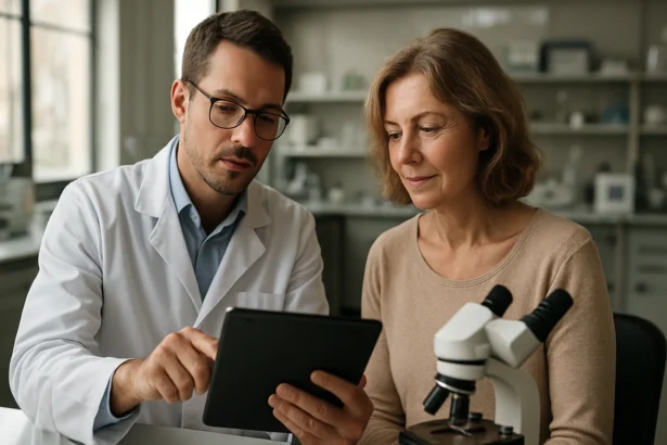 Doktor a pacientka diskutujúci o revolučných metódach zdravotnej starostlivosti.