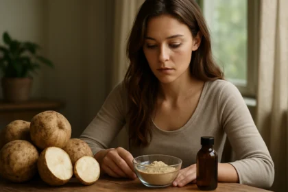 Žena skúma Pueraria Mirifica na zlepšenie zdravia a krásy.