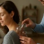 Žena podstupuje terapiu baňkovania na uvoľnenie svalov.