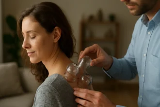 Žena podstupuje terapiu baňkovania na uvoľnenie svalov.