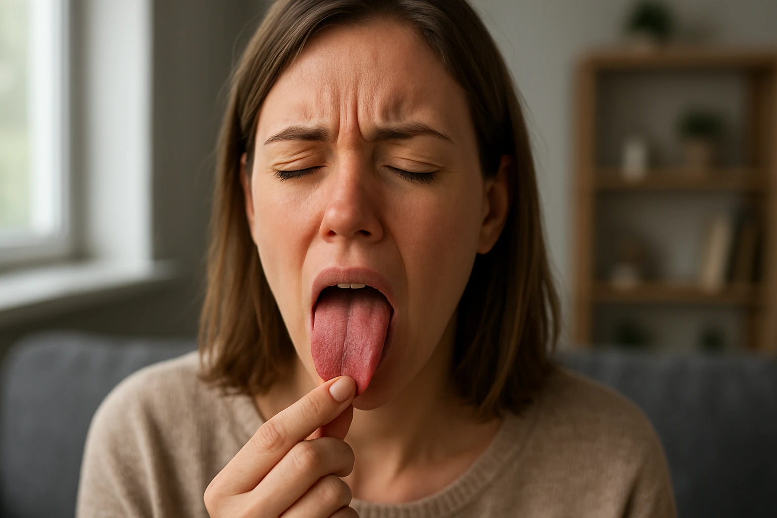 Žena skúma svoj páliaci jazyk s ťažkým výrazom