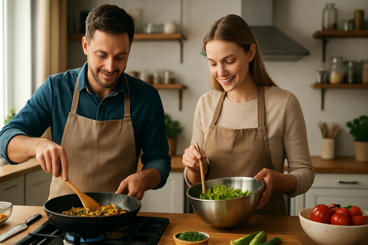 Pár varí v modernej kuchyni, príprava zdravého jedla