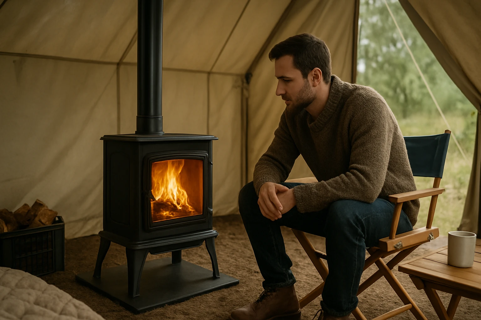 Muž sedí pri prenosnej kachľovej peci v stane.