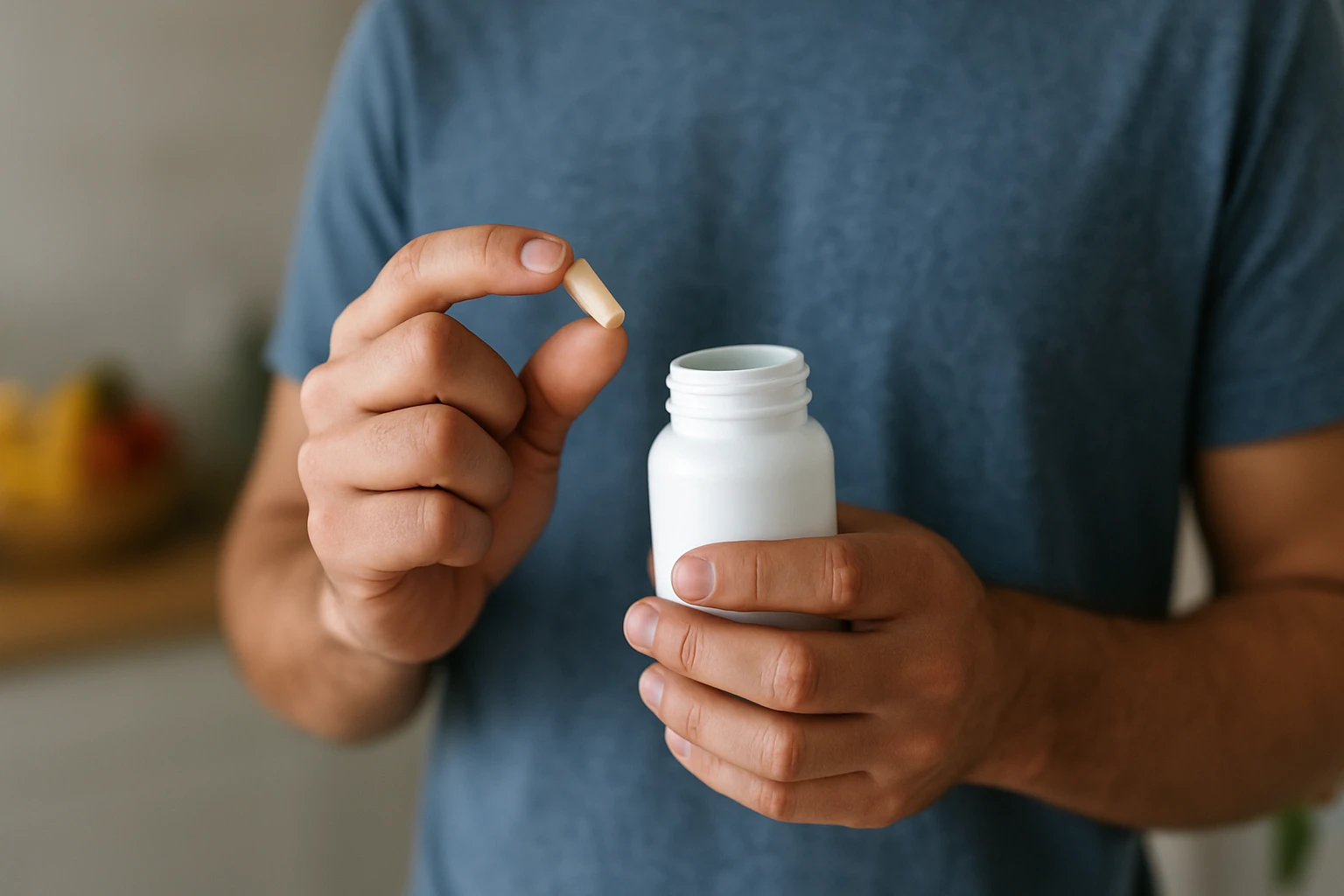 Muž drží probiotickú kapsulu a fľašu s doplnkom výživy.