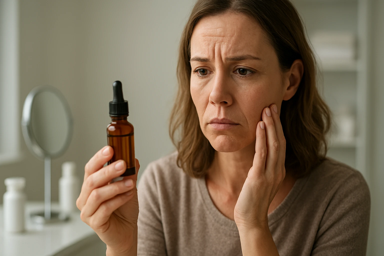 Žena skúma fľašu s retinolom pri starostlivosti o pleť.