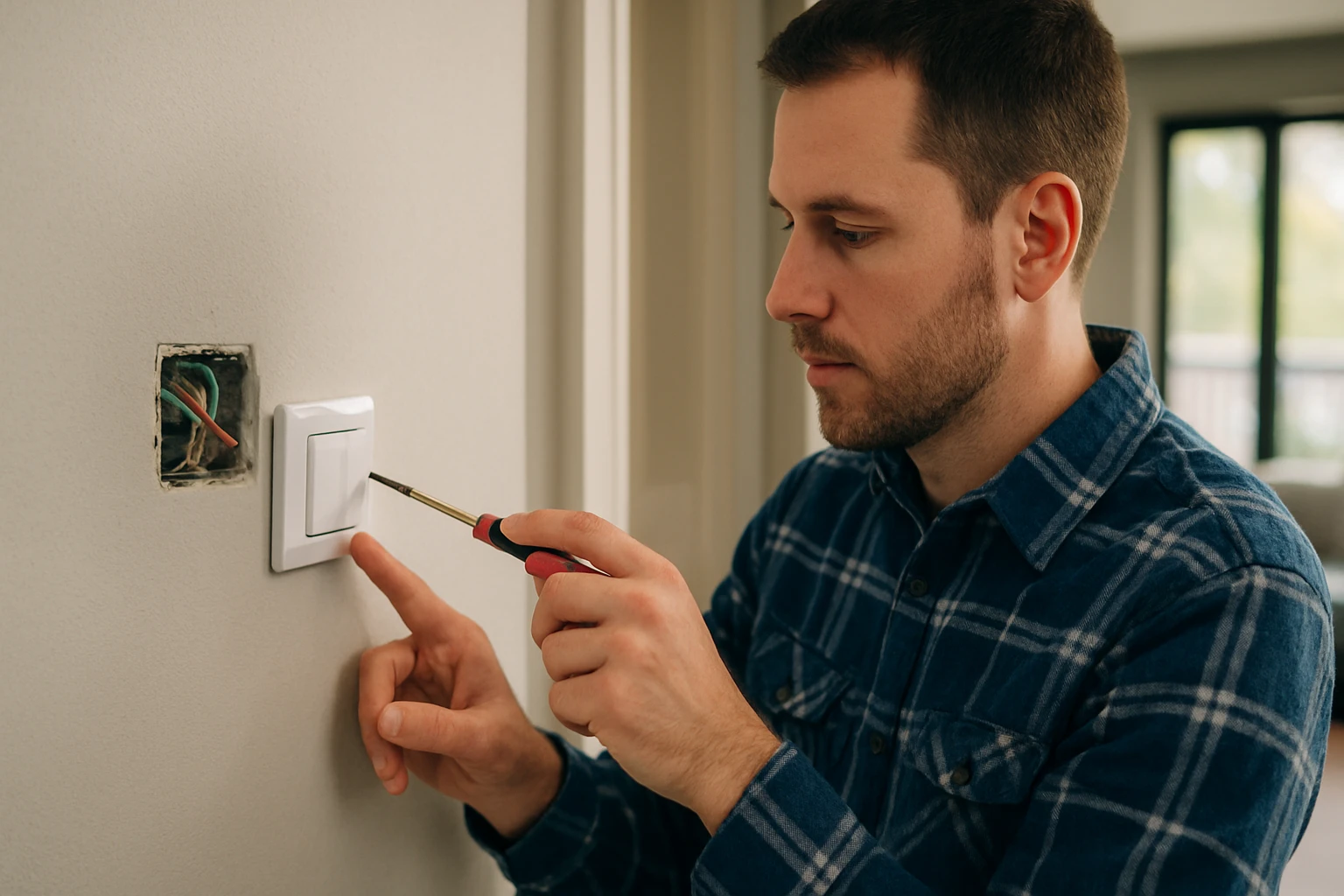 Muž inštalujúci prepínač smeru pomocou skrutkovača.