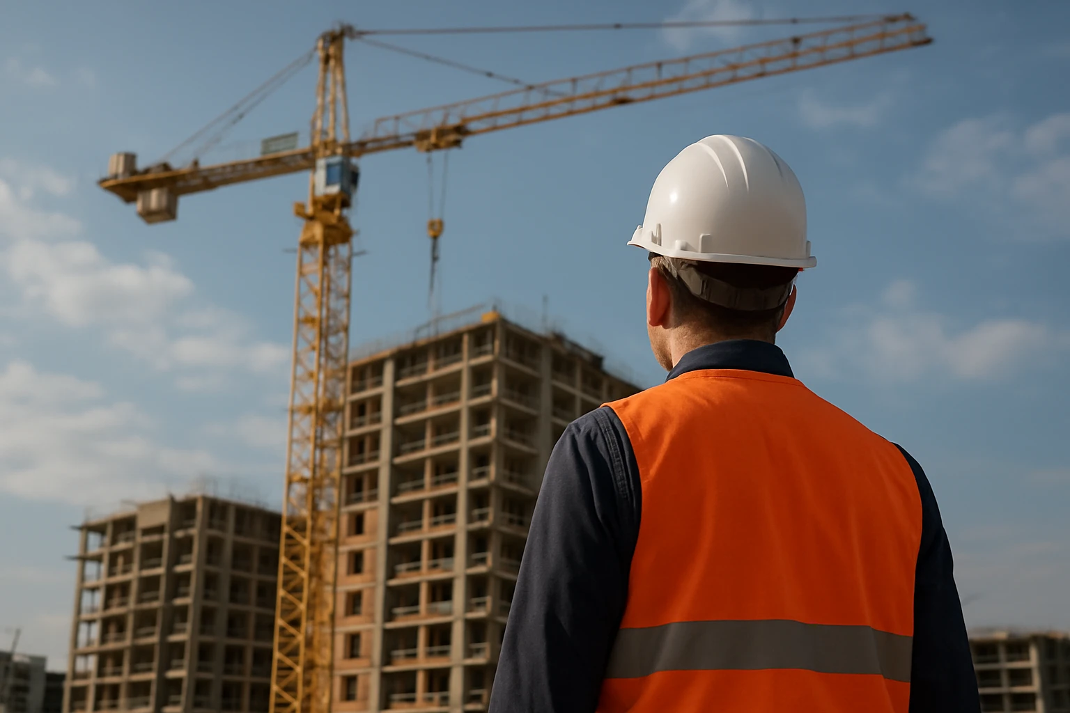 Stavebný pracovník pozorujúci vysoké žeriavy na stavbe.