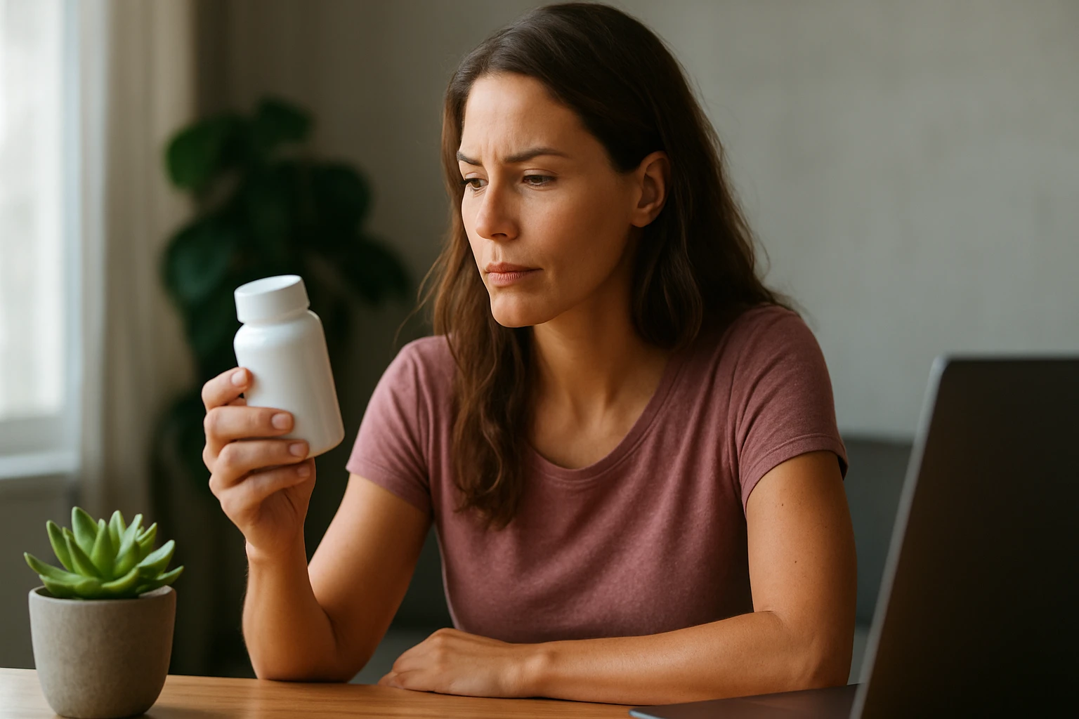 Žena skúma fľašu s doplnkom stravy Caralluma Fimbriata.