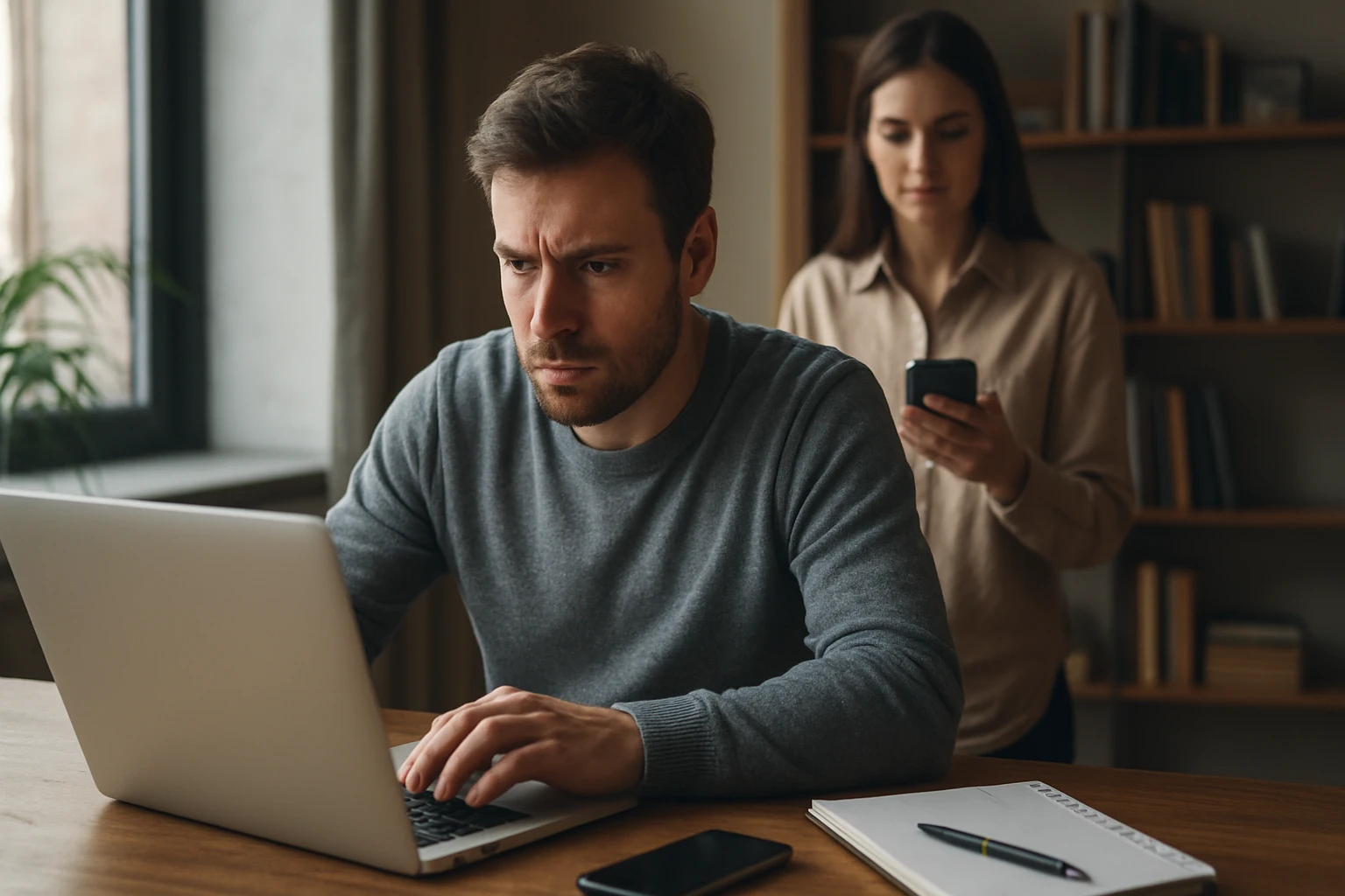 Muž pracujúci na počítači, žena s mobilom v pozadí, sústredená atmosféra.