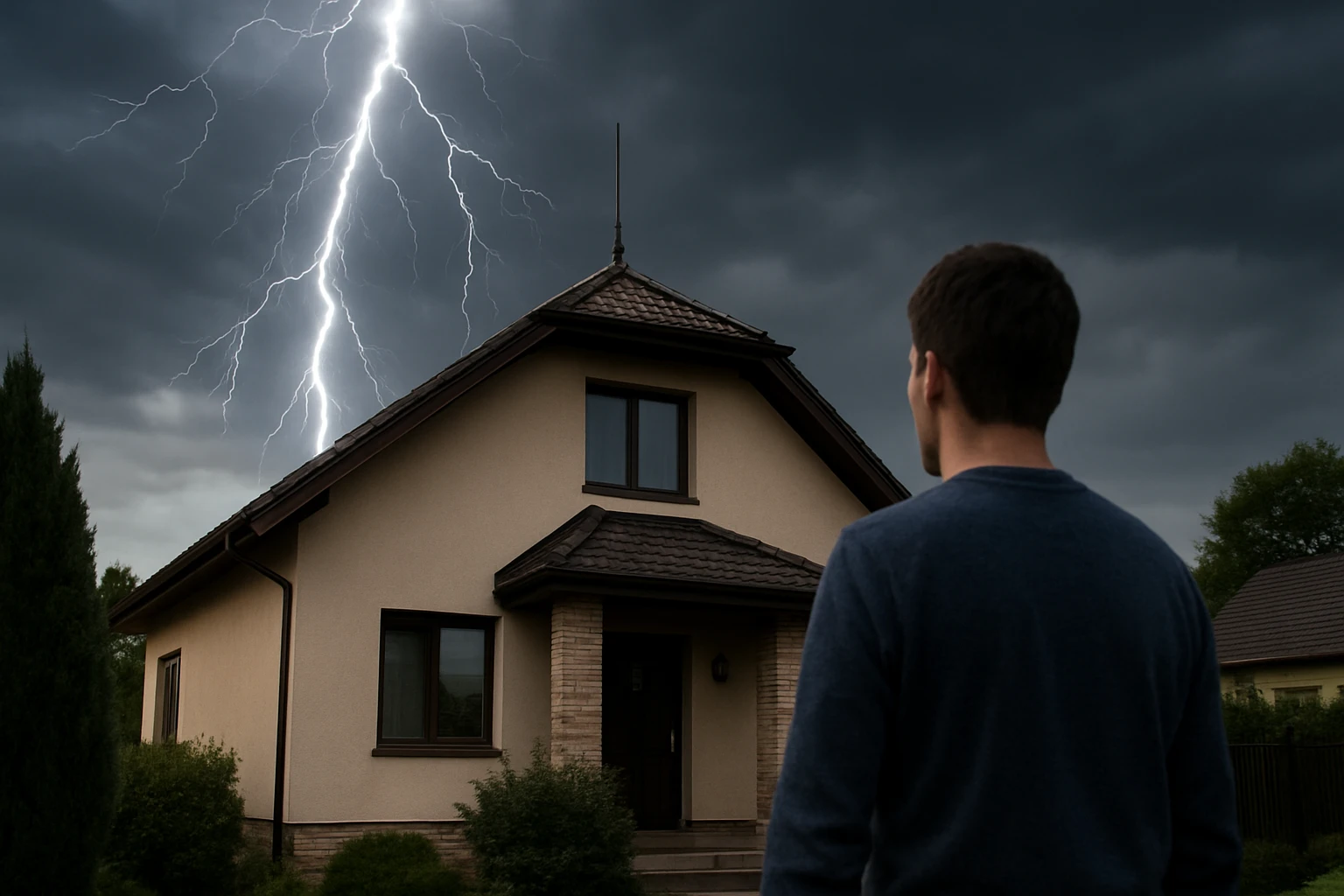 Muž sledujúci blesk nad domom s bleskozvodom počas búrok.