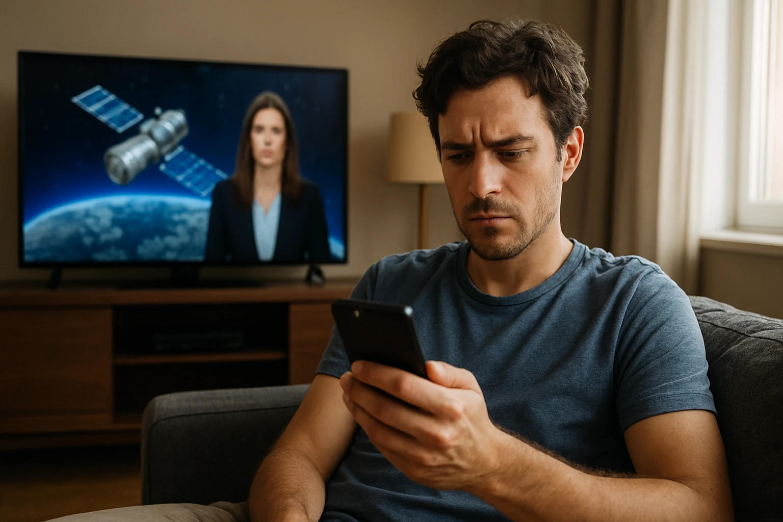 Muž sleduje satelitné správy na telefóne, TV so satelitom v pozadí.