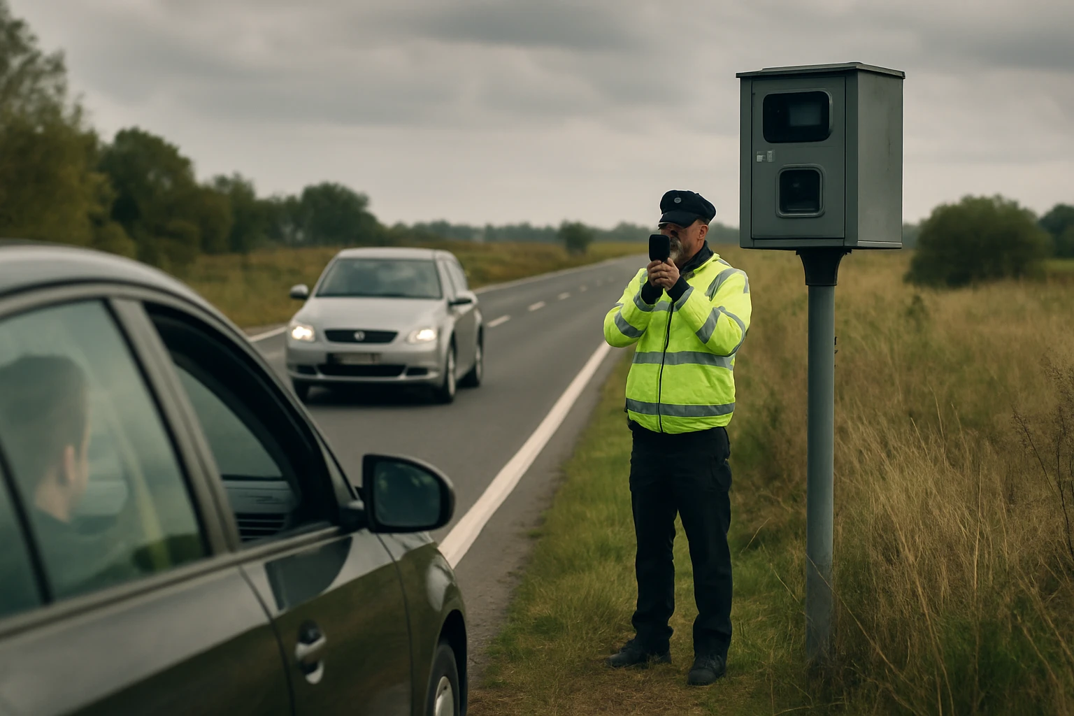 Policajt meria rýchlosť vozidiel pri stacionárnom radare