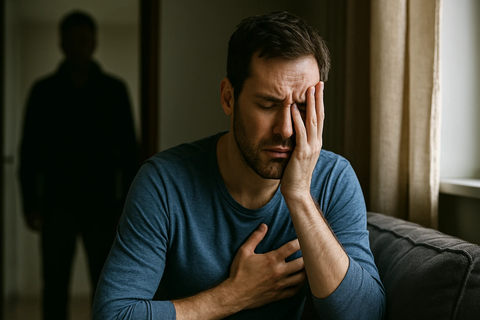 Muž sa cíti vystrašene a zmätene, zatiaľ čo za ním sa objavuje tieň.