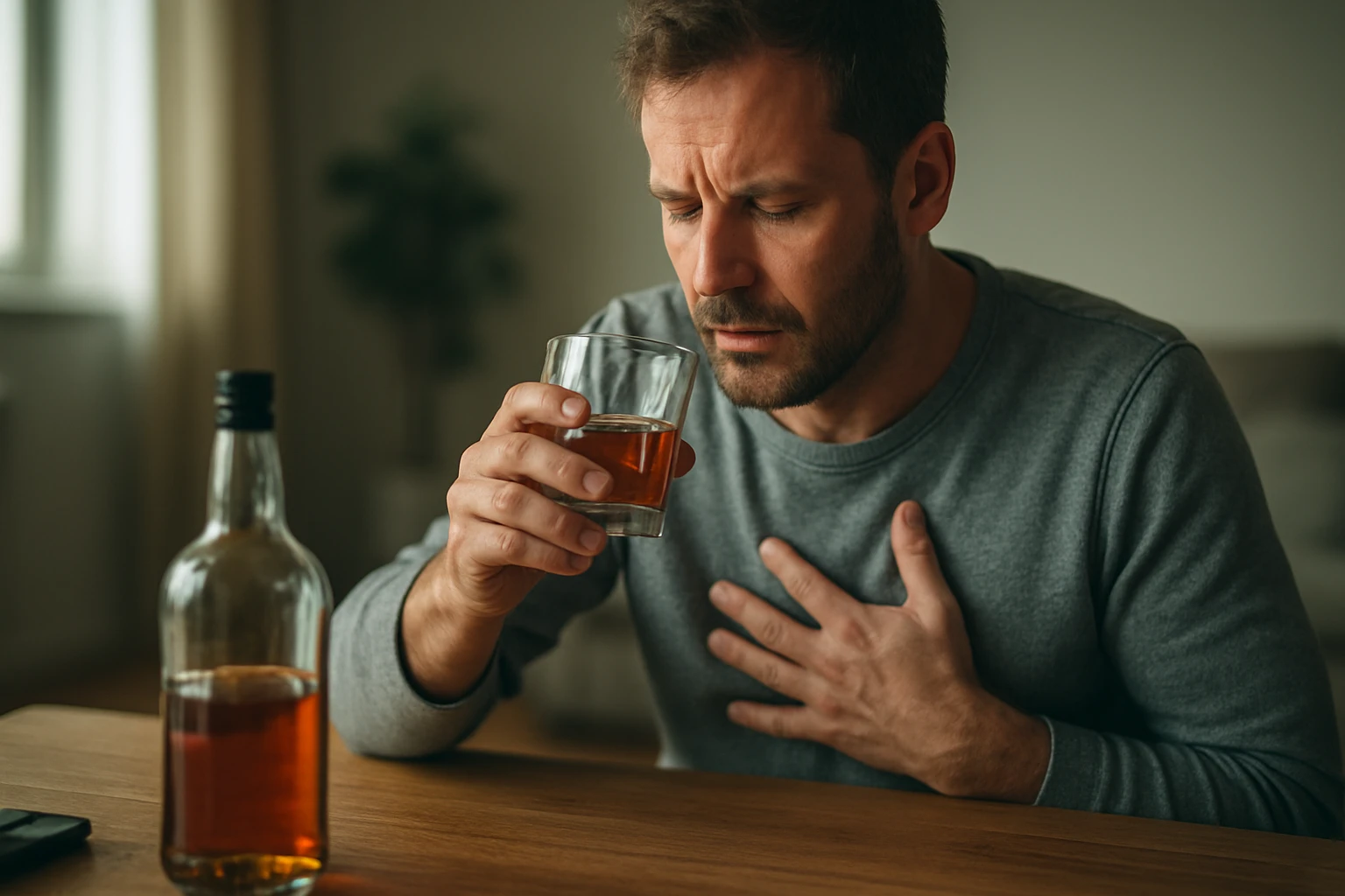 Muž drží pohár s alkoholom, vyjadruje obavy o zdravie.